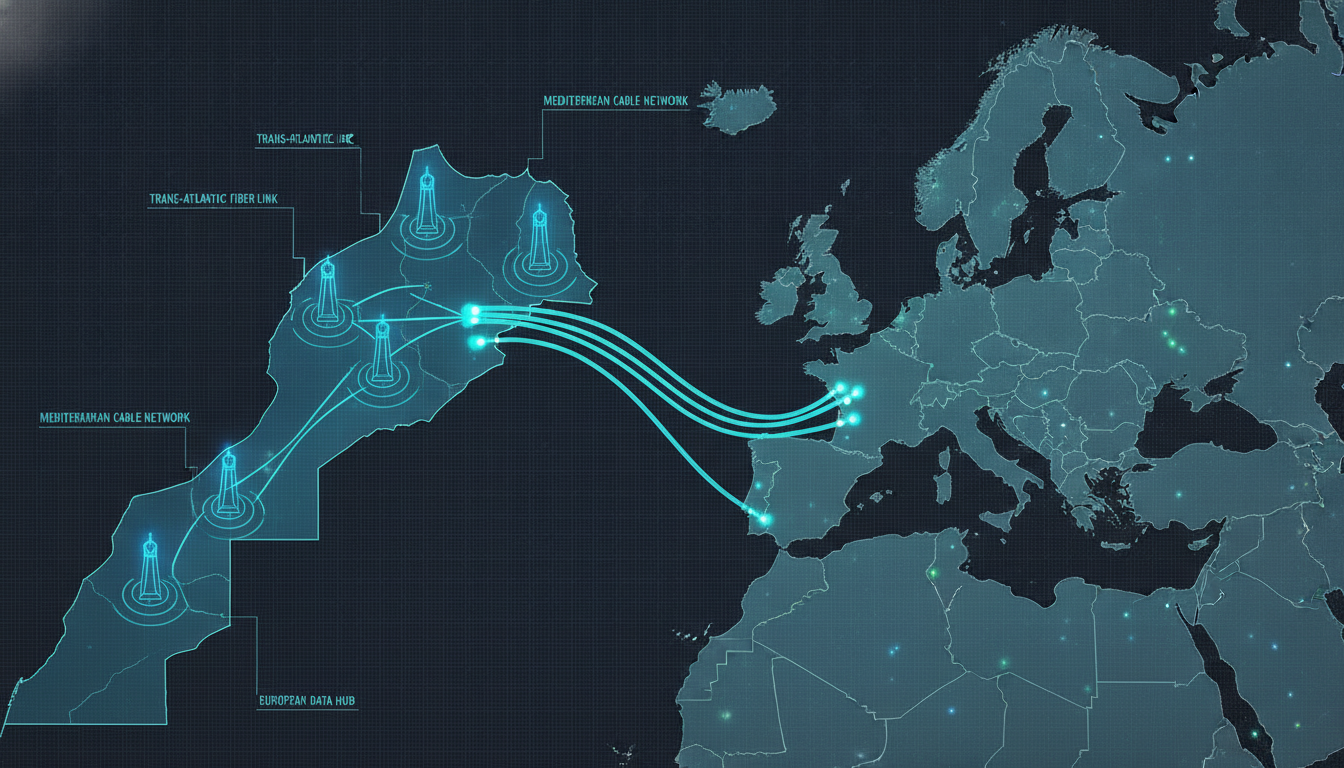 Schéma de l'infrastructure numérique marocaine avec câbles sous-marins, 5G et flux de données vers l'Europe, illustrant la connectivité nearshore pour la Data e